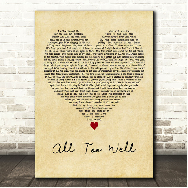 Taylor Swift All Too Well Vintage Heart Song Lyric Print