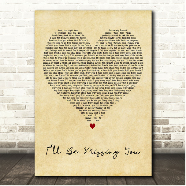 Diddy & Faith Evans Ill Be Missing You Vintage Heart Song Lyric Print