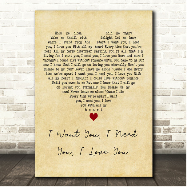 Elvis Presley I Want You, I Need You, I Love You Vintage Heart Song Lyric Print