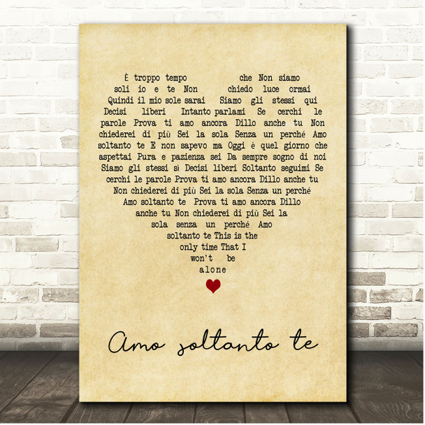 Andrea Bocelli Amo soltanto te Vintage Heart Song Lyric Print