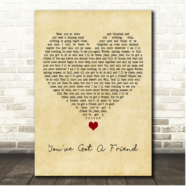 James Taylor You've Got A Friend Vintage Heart Song Lyric Print