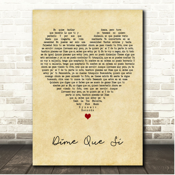 Jay Wheeler & DJ Nelson Dime Que Sí Vintage Heart Song Lyric Print