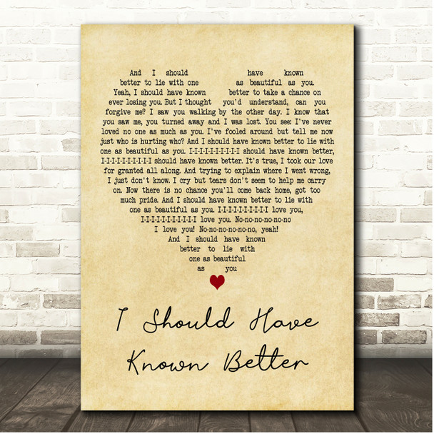 Jim Diamond I Should Have Known Better Vintage Heart Song Lyric Print