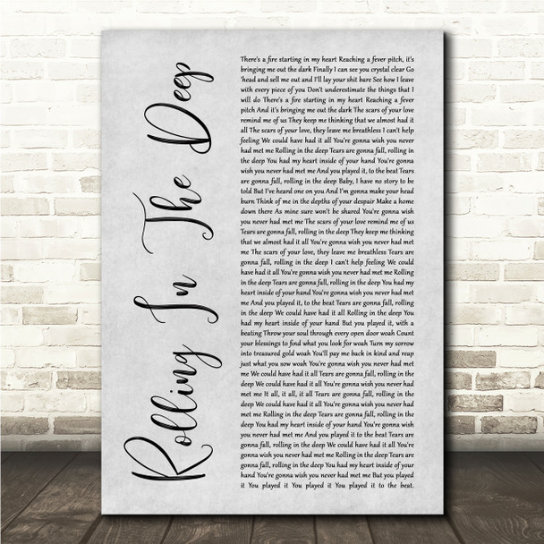 Adele Rolling In The Deep Grey Rustic Script Song Lyric Wall Art Print