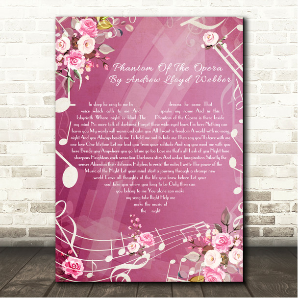 Andrew Lloyd Webber Phantom Of The Opera Medley Pink Floral Music Notes Heart Song Lyric Wall Art Print