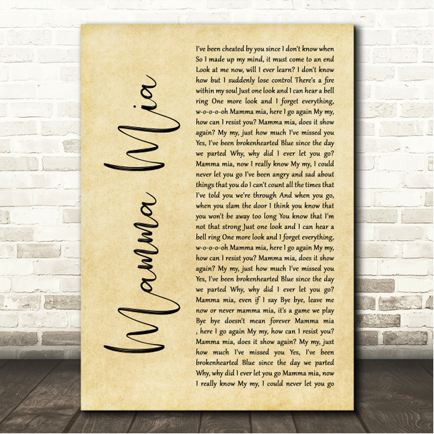 ABBA Mamma Mia Rustic Script Song Lyric Wall Art Print