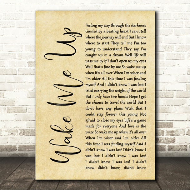 Avicii Wake Me Up Rustic Script Song Lyric Wall Art Print