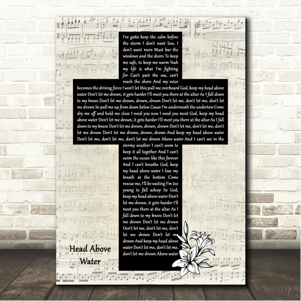 Avril Lavigne Head Above Water Music Script Christian Memorial Cross Song Lyric Wall Art Print