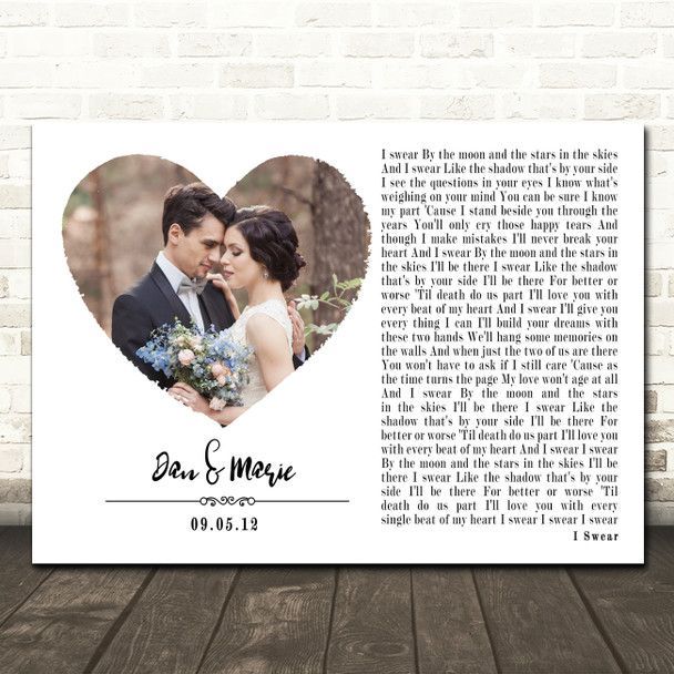 All 4 One I Swear White Landscape Script Heart Wedding Photo Song Lyric Wall Art Print