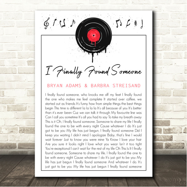 Bryan Adams & Barbra Streisand I Finally Found Someone Grunge Vinyl Record Drip Song Lyric Wall Art Canvas Framed Print