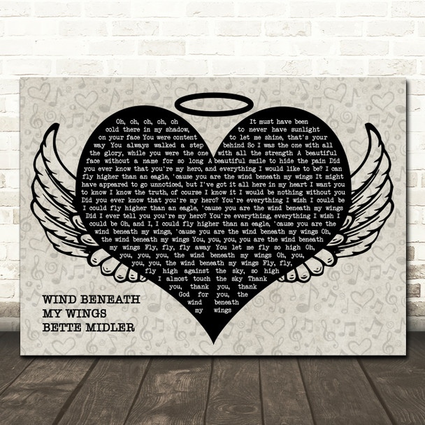 Bette Midler Wind Beneath My Wings Heart Angel Wings Halo Memorial Song Lyric Wall Art Canvas Framed Print