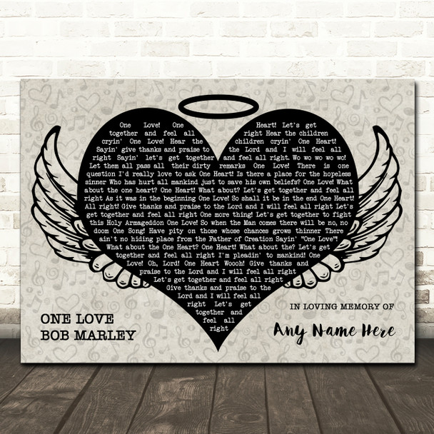 Bob Marley One Love People Get Ready Heart Angel Wings Halo Memorial Song Lyric Wall Art Canvas Framed Print