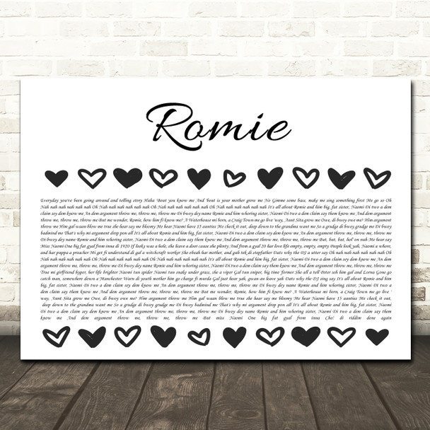Beenie Man Romie Hearts Black & White In Row Song Lyric Wall Art Canvas Framed Print