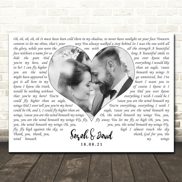 Bette Midler Wind Beneath My Wings Landscape White Heart Any Text Wedding Photo Song Lyric Wall Art Canvas Framed Print