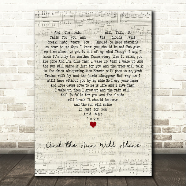 Bee Gees And the Sun Will Shine Script Heart Song Lyric Wall Art Canvas Framed Print
