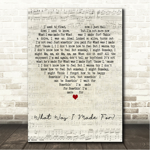 Billie Eilish What Was I Made For Script Heart Song Lyric Wall Art Canvas Framed Print