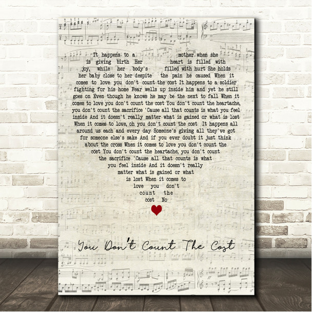 Billy Dean You Dont Count The Cost Script Heart Song Lyric Wall Art Canvas Framed Print