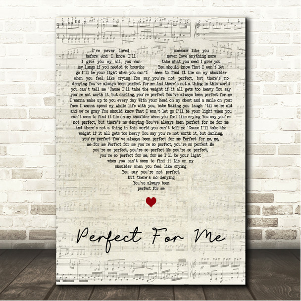 Bradley Marshall Perfect For Me Script Heart Song Lyric Wall Art Canvas Framed Print