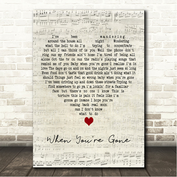 Bryan Adams When You're Gone Script Heart Song Lyric Wall Art Canvas Framed Print