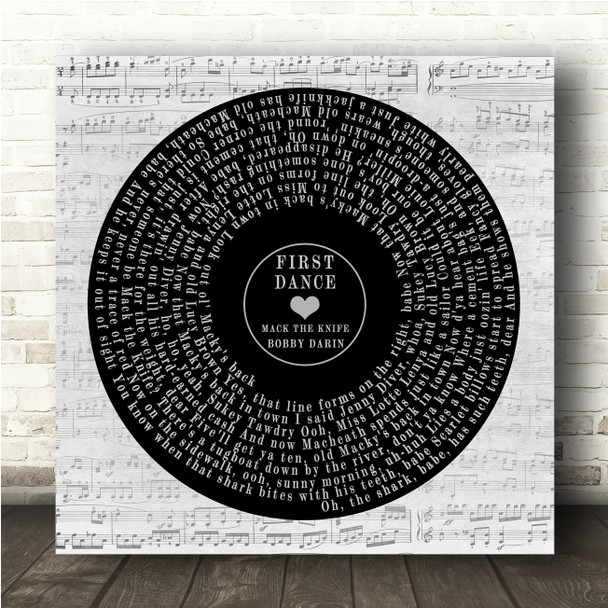 Bobby Darin Mack The Knife Square Vinyl Record Wedding Photo Grey Script Song Lyric Wall Art Canvas Framed Print