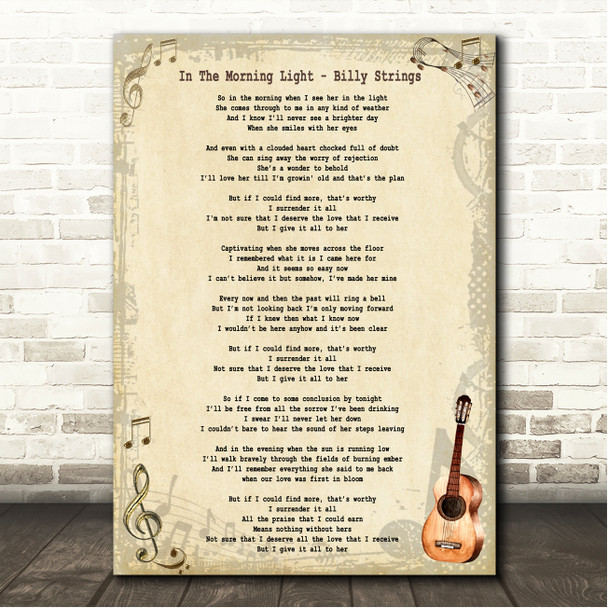 Billy Strings In The Morning Light Vintage Guitar Song Lyric Wall Art Canvas Framed Print