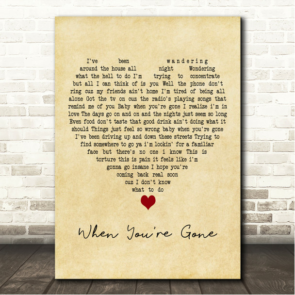 Bryan Adams When You're Gone Vintage Heart Song Lyric Wall Art Canvas Framed Print