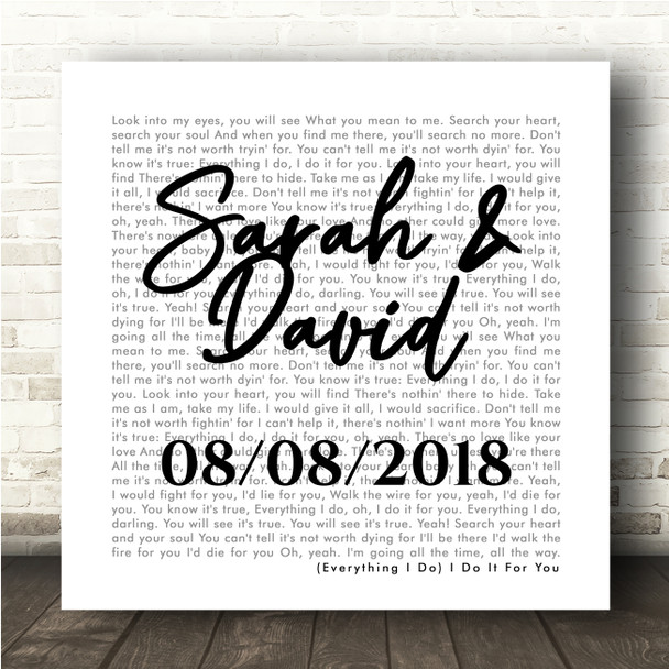 Bryan Adams (Everything I Do) I Do It For You White Square Simple Script Song Lyric Wall Art Canvas Framed Print