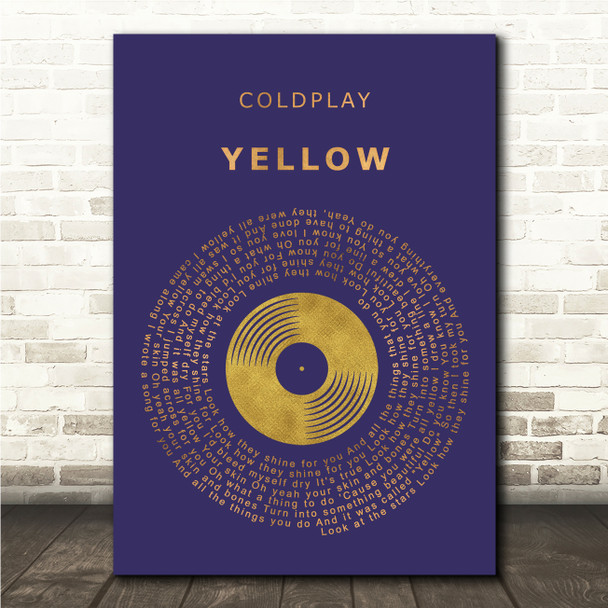 Coldplay Yellow Blue & Copper Gold Vinyl Record Song Lyric Wall Art Canvas Framed Print