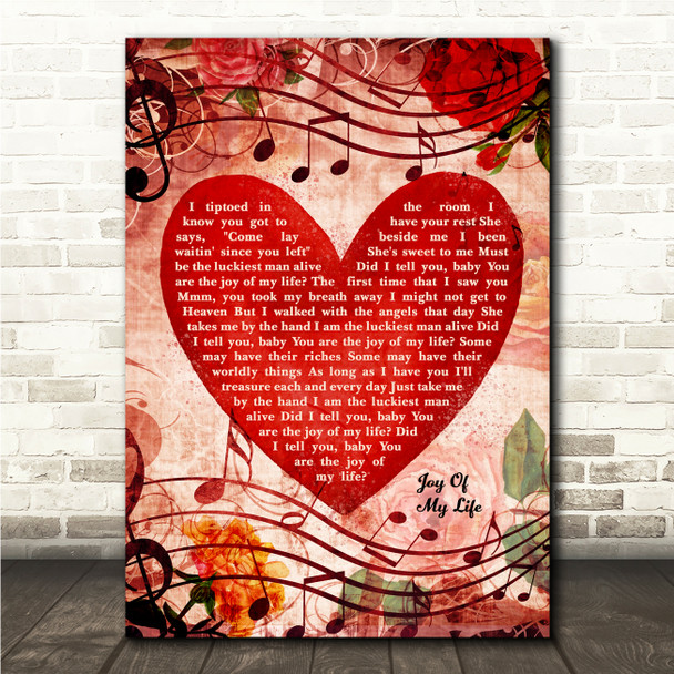 Chris Stapleton Joy Of My Life Deep Red Floral Heart Song Lyric Wall Art Canvas Framed Print