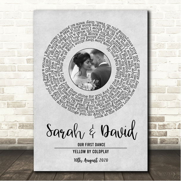 Coldplay Yellow Grey Vinyl Record Wedding First Dance Photo Song Lyric Wall Art Canvas Framed Print