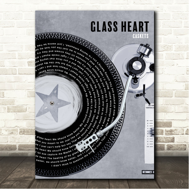 Caskets Glass Heart Rustic Grey Blue Vinyl Record Song Lyric Wall Art Canvas Framed Print