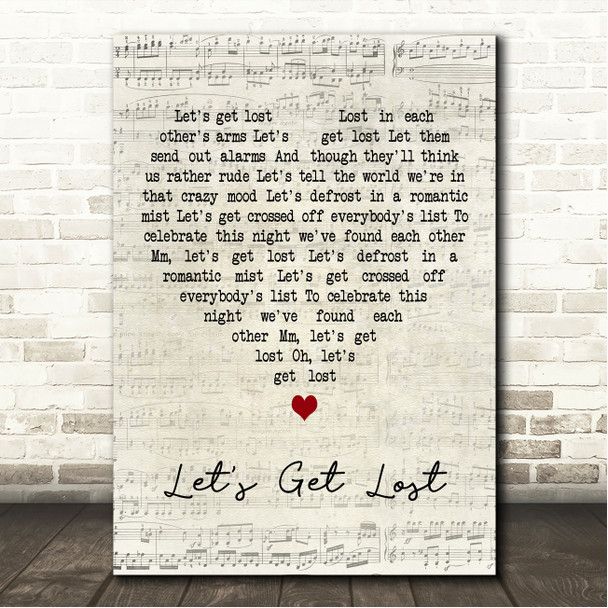 Chet Baker Let's Get Lost Script Heart Song Lyric Wall Art Canvas Framed Print