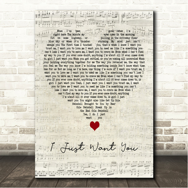 Cole Swindell I Just Want You Script Heart Song Lyric Wall Art Canvas Framed Print