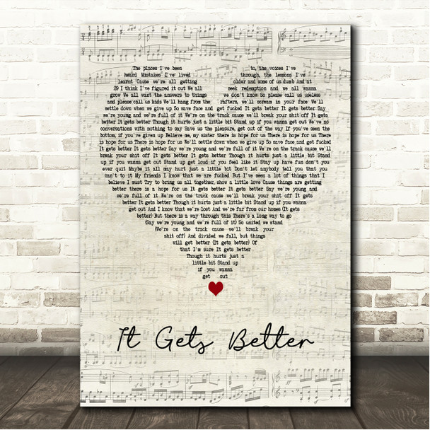 Counterfeit It Gets Better Script Heart Song Lyric Wall Art Canvas Framed Print
