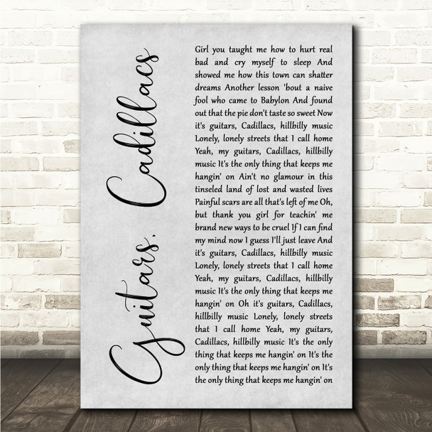 Dwight Yoakam Guitars, Cadillacs Grey Rustic Script Song Lyric Wall Art Canvas Framed Print