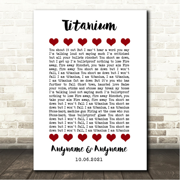 David Guetta ft. Sia Titanium Red Hearts In Row Song Lyric Wall Art Canvas Framed Print