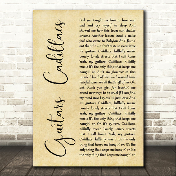 Dwight Yoakam Guitars, Cadillacs Rustic Script Song Lyric Wall Art Canvas Framed Print