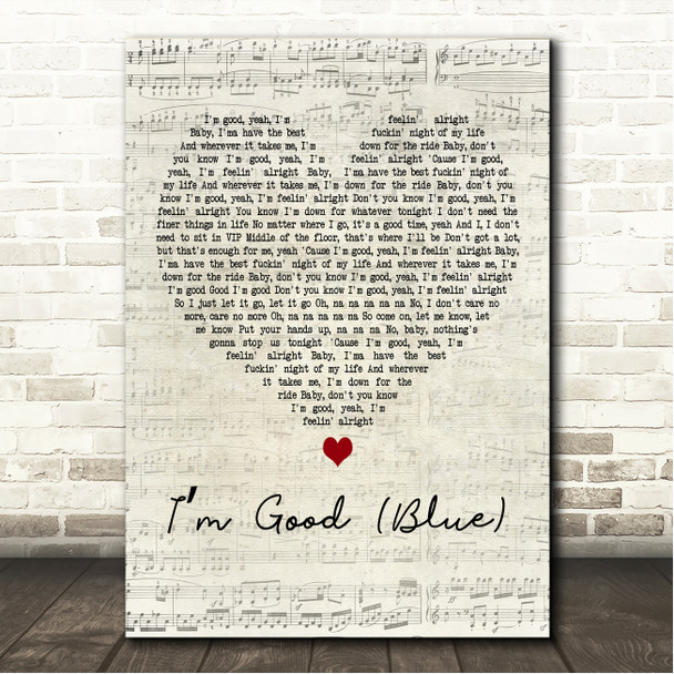 David Guetta & Bebe Rexha Im Good (Blue) Script Heart Song Lyric Wall Art Canvas Framed Print
