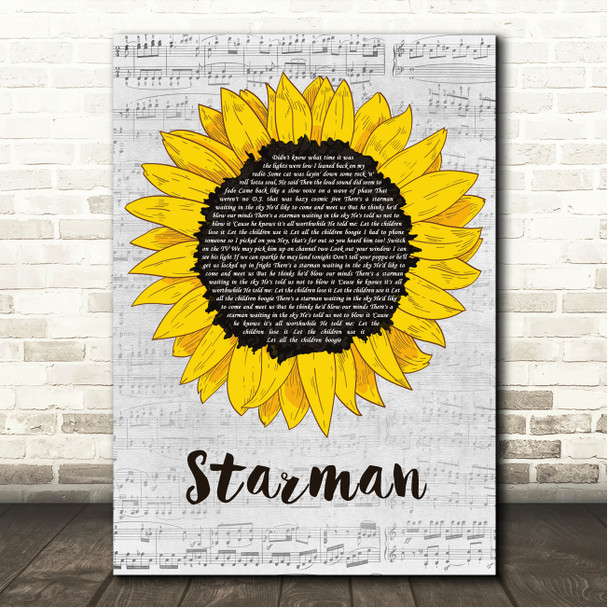 David Bowie Starman Grey Script Sunflower Song Lyric Wall Art Canvas Framed Print