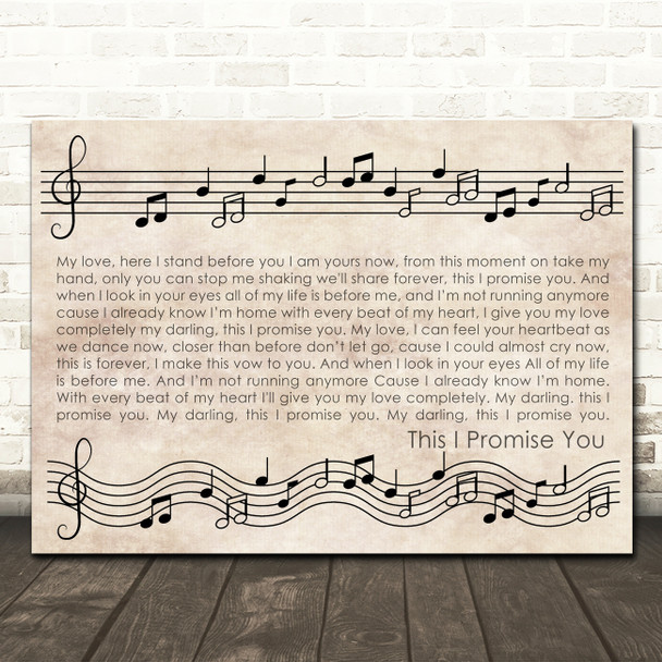 Donna taggart This I Promise You Vintage Music Notes Script Song Lyric Wall Art Canvas Framed Print