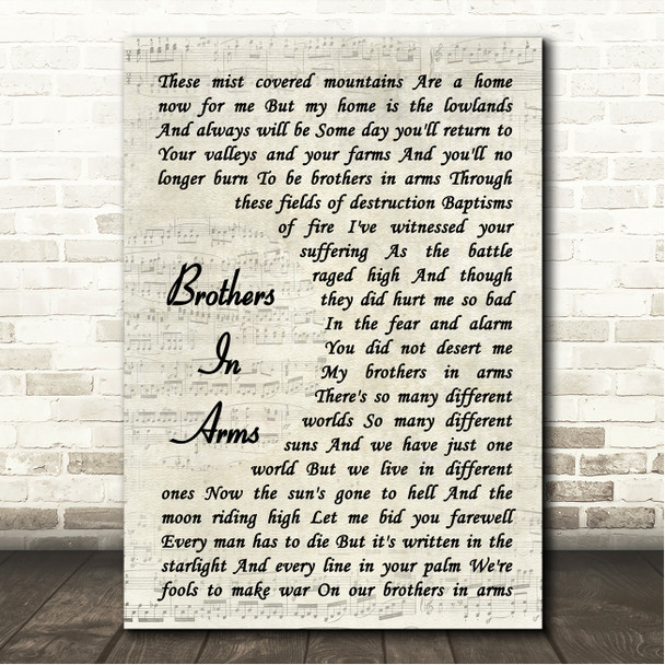 Dire Straits Brothers In Arms Vintage Script Song Lyric Wall Art Canvas Framed Print