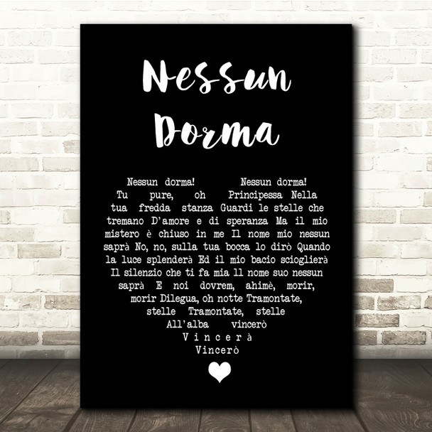 Luciano Pavarotti Nessun Dorma Black Heart Song Lyric Quote Music Print