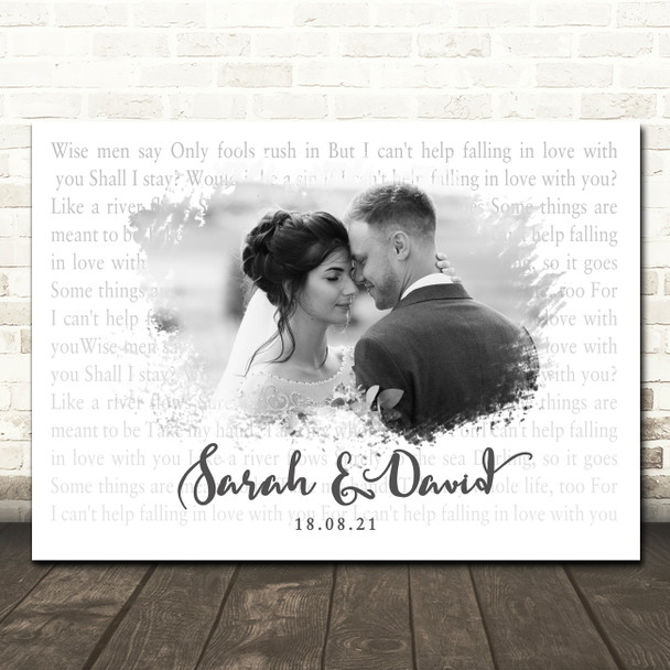 Elvis Presley Can't Help Falling In Love Landscape Smudge White Grey Wedding Photo Song Lyric Wall Art Canvas Framed Print