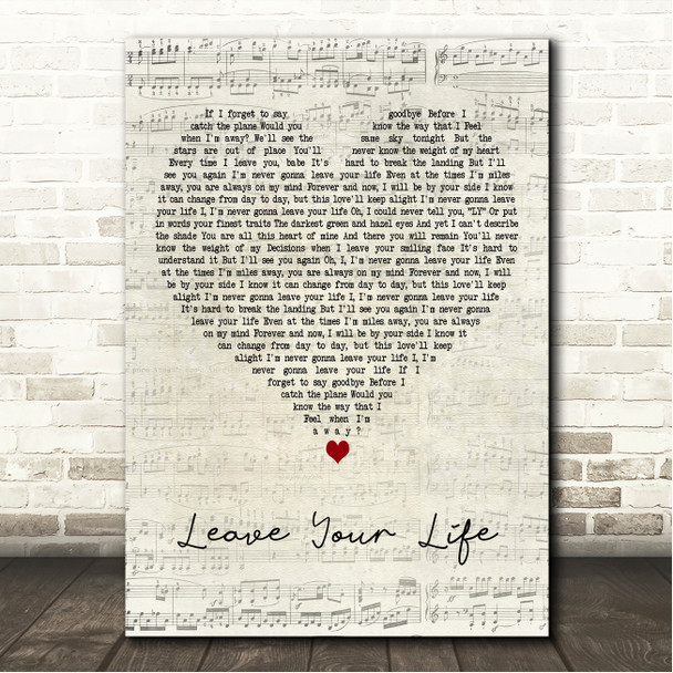 Ed Sheeran Leave Your Life Script Heart Song Lyric Wall Art Canvas Framed Print