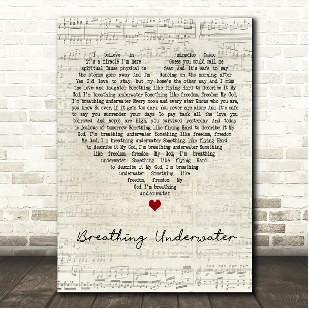 Emeli Sandé Breathing Underwater Script Heart Song Lyric Wall Art Canvas Framed Print