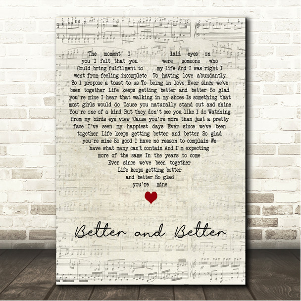 Eric Benét Better and Better Script Heart Song Lyric Wall Art Canvas Framed Print