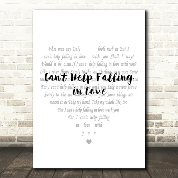 Elvis Presley Can't Help Falling In Love Simple Heart Pale Grey Song Lyric Wall Art Canvas Framed Print