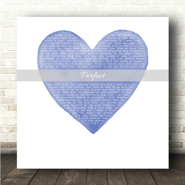 Ed Sheeran Perfect Square Blue Watercolour Heart Song Lyric Wall Art Canvas Framed Print