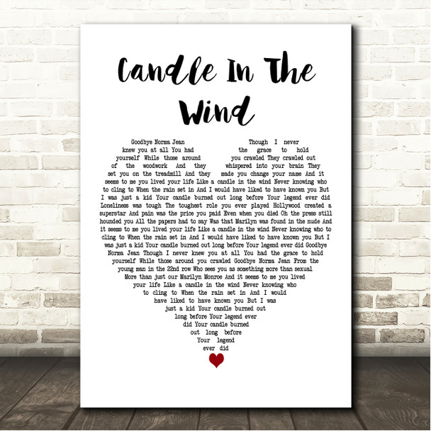 Elton John Candle In The Wind White Heart Song Lyric Wall Art Canvas Framed Print