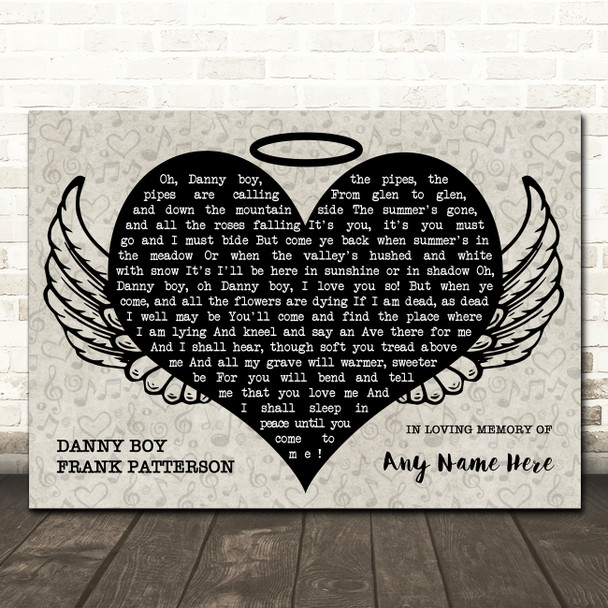 Frank Patterson Danny Boy Heart Angel Wings Halo Memorial Song Lyric Wall Art Canvas Framed Print